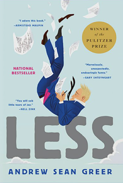 Book cover of less by Andrew Sean Greer with a light blue background and cartoon image of a man falling upside down