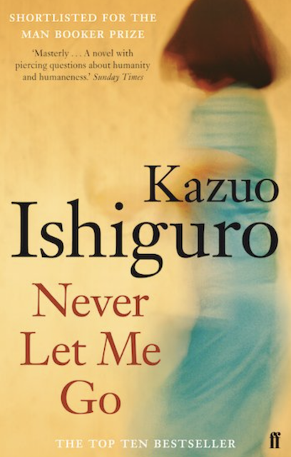 Book cover of Never Let Me Go by Kazuo Ishiguro a pixelated female image against a soft yellow background