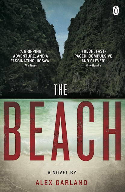 Book cover of The Beach by Alex garland with an image of Ko Phi Phi islands and white sand beach